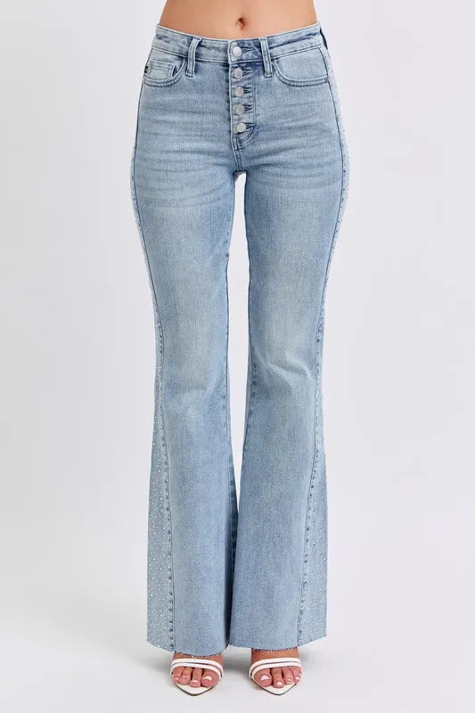 Judy Blue Full Size Midi Rise Rhinestone Side Panel Detail Flare Jeans Plus Size LT / 1(25) LT / 5(27) LT / 7(28) LT / 1(25)-LT / 5(27)-LT / 7(28)-LT / 9(29)-LT / 20W-LT / 0(24)-LT / 3(26)-LT / 11(30)-LT / 13(31)-LT / 15(32)-LT / 14W-LT / 16W-LT / 18W-LT / 22W-LT / 24W-