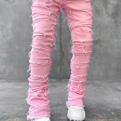 Men's Slim-Fit Stretch Denim Jeans with Raw Trim & Tassel Details -  Distressed Street Style Hip-Hop Pink / S Pink / M Pink / L Pink / S-Pink / M-Pink / L-Pink / XL-Pink / XXL-