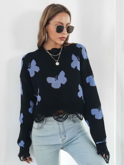 Distressed Butterfly Cropped Sweater White / S White / M White / L White / S-White / M-White / L-Black / S-Black / M-Black / L-Blush Pink / S-Blush Pink / M-Blush Pink / L-