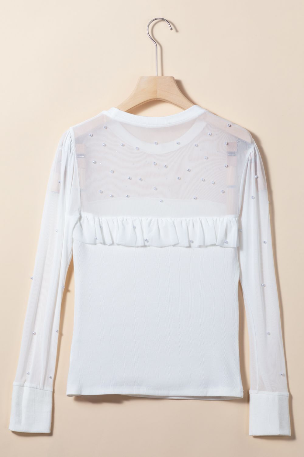 Pearl Decor Mesh Patchwork Ribbed Long Sleeve Top White / M White / L White / XL White / M-White / L-White / XL-White / S-