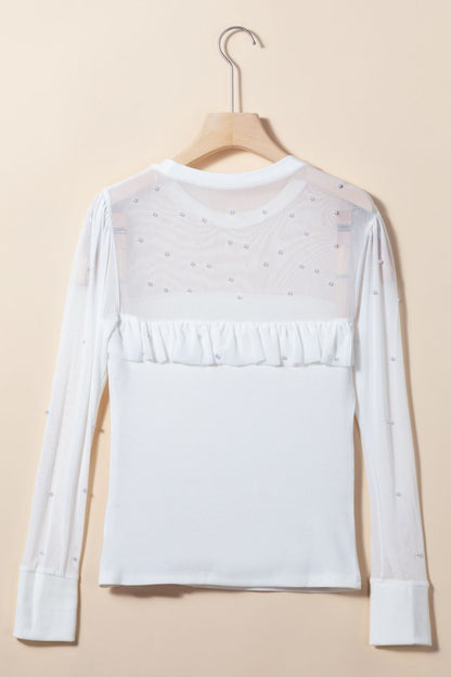 Pearl Decor Mesh Patchwork Ribbed Long Sleeve Top White / M White / L White / XL White / M-White / L-White / XL-White / S-