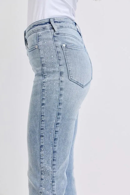 Judy Blue Full Size Midi Rise Rhinestone Side Panel Detail Flare Jeans Plus Size LT / 1(25) LT / 5(27) LT / 7(28) LT / 1(25)-LT / 5(27)-LT / 7(28)-LT / 9(29)-LT / 20W-LT / 0(24)-LT / 3(26)-LT / 11(30)-LT / 13(31)-LT / 15(32)-LT / 14W-LT / 16W-LT / 18W-LT / 22W-LT / 24W-