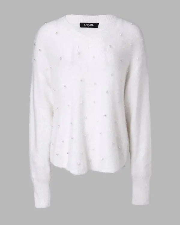 Chic V-Neck Oversized Sweater with Beaded Detailing - Fluffy Pullover Top white / S(4) white / M(6) 