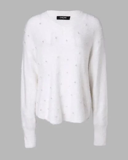 Chic V-Neck Oversized Sweater with Beaded Detailing - Fluffy Pullover Top white / S(4) white / M(6) 