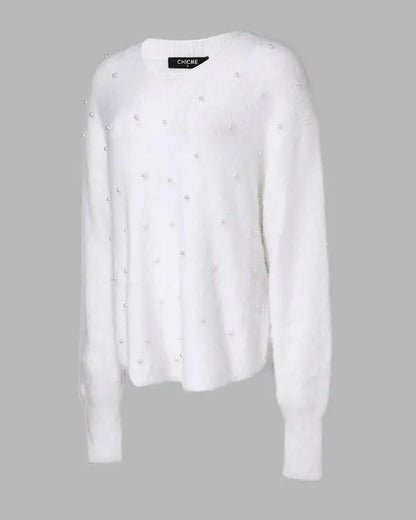 Chic V-Neck Oversized Sweater with Beaded Detailing - Fluffy Pullover Top white / S(4) white / M(6) 