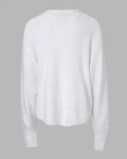 Chic V-Neck Oversized Sweater with Beaded Detailing - Fluffy Pullover Top white / S(4) white / M(6) 