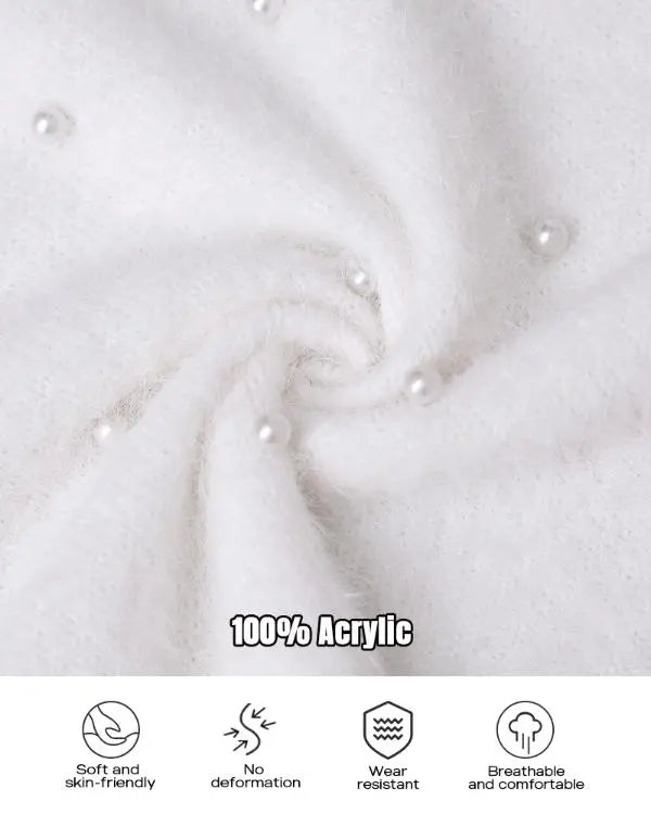 Chic V-Neck Oversized Sweater with Beaded Detailing - Fluffy Pullover Top white / S(4) white / M(6) 