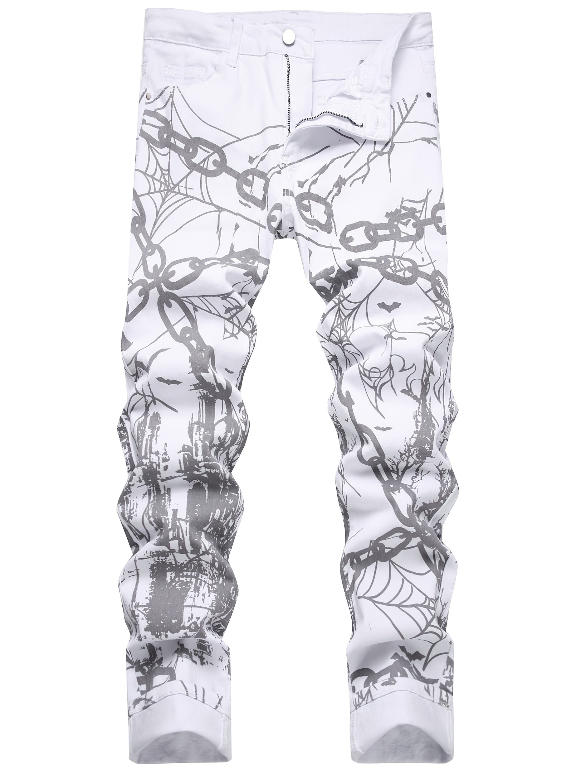 [Trendy Casual] Men's Slim Fit Printed Denim Jeans with Chain & Spider Web Design, Cotton Blend Stretch Casual Pants White / 30 White / 32 White / 34 White / 30-White / 32-White / 34-White / 36-White / 38-White / 40-White / 42-