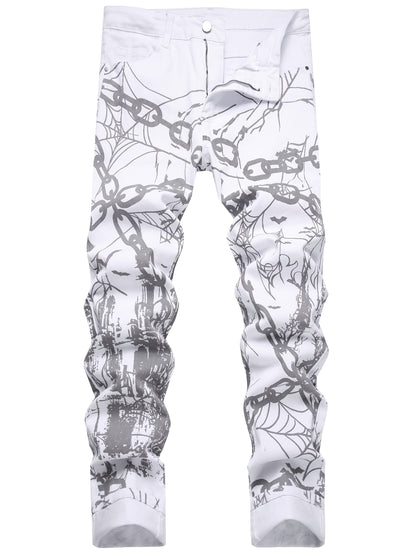 [Trendy Casual] Men's Slim Fit Printed Denim Jeans with Chain & Spider Web Design, Cotton Blend Stretch Casual Pants White / 30 White / 32 White / 34 White / 30-White / 32-White / 34-White / 36-White / 38-White / 40-White / 42-