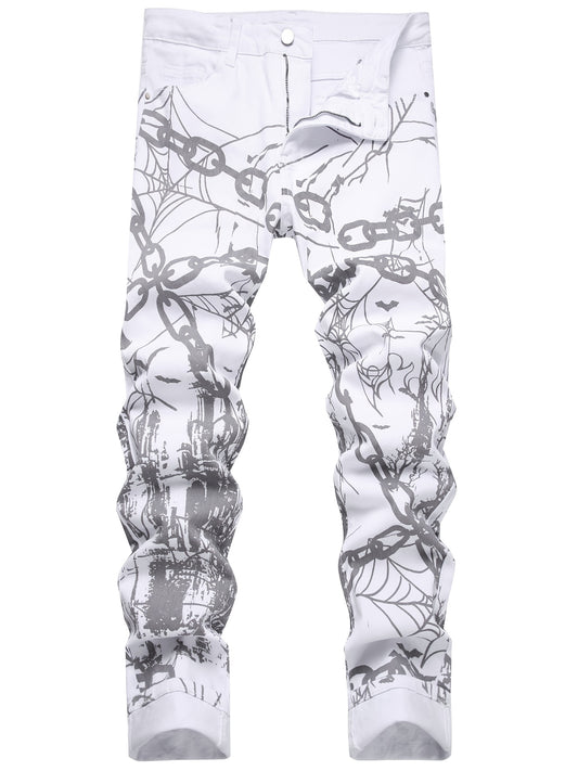 [Trendy Casual] Men's Slim Fit Printed Denim Jeans with Chain & Spider Web Design, Cotton Blend Stretch Casual Pants White / 30 White / 32 White / 34 White / 30-White / 32-White / 34-White / 36-White / 38-White / 40-White / 42-