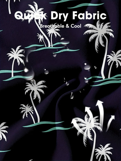 Men'S Summer 2-in-1 Compression Quick-drying Swim Trunks Beach Coconut Tree Print Loose Swim Shorts | Black Lined Blue Lined Side Pockets | Swim Training, Vacation, Casual Stretch, Breathable Beach Pants