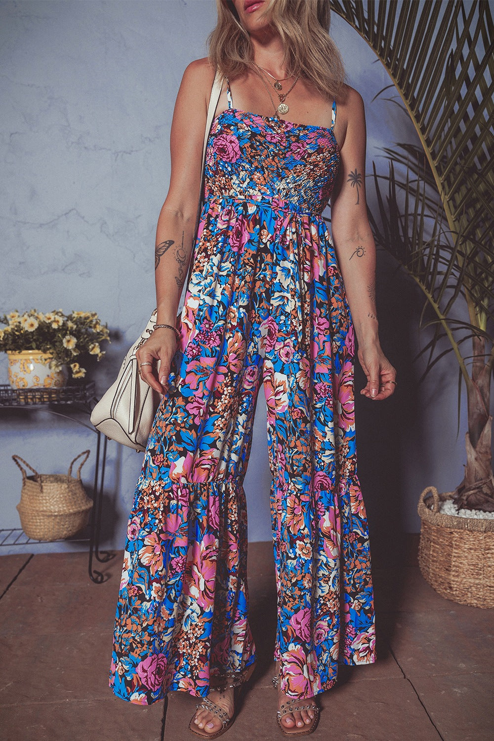 Floral Smocked Spaghetti Straps Wide Leg Jumpsuit Floral / M Floral / L Floral / XL Floral / M-Floral / L-Floral / XL-Floral / S-