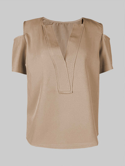 Chic Cold Shoulder Blouse: Stylish Loose-Fit Short Sleeve Top in Solid Colors RED / S RED / M RED / L RED / S-RED / M-RED / L-RED / XL-RED / 2XL-KHAKI / S-KHAKI / M-KHAKI / L-KHAKI / XL-KHAKI / 2XL-YELLOW / S-YELLOW / XL-YELLOW / 2XL-
