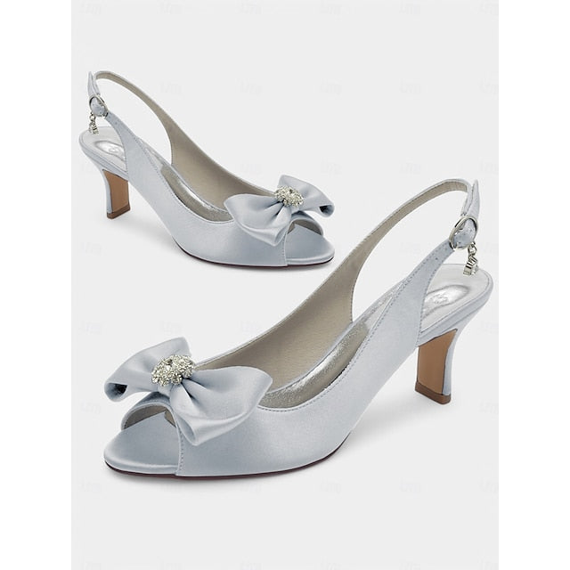 Elegant Rhinestone Bowknot Peep-Toe Bridal Shoes - Satin Kitten Heels for Weddings Silver