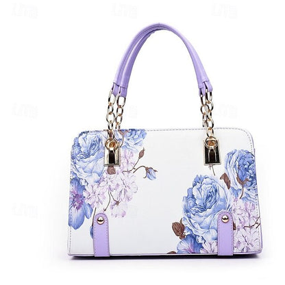 Stylish PU Leather Handbag for Women – Large Capacity Geometric Flower Design Purple Green Wine Purple-Green-Wine-Red-Black-