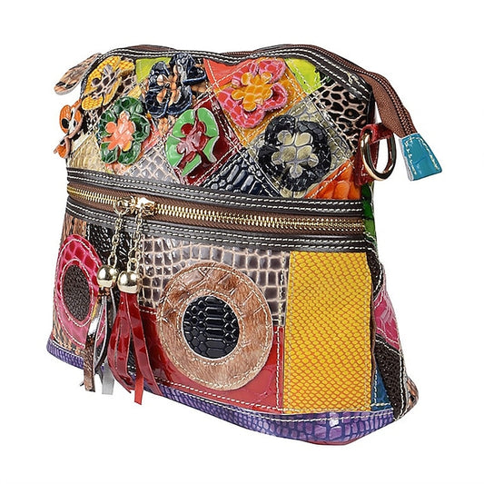 Chic Cowhide Shoulder Bag with Colorful Tassel Accents Rainbow Purple Rainbow-Purple-