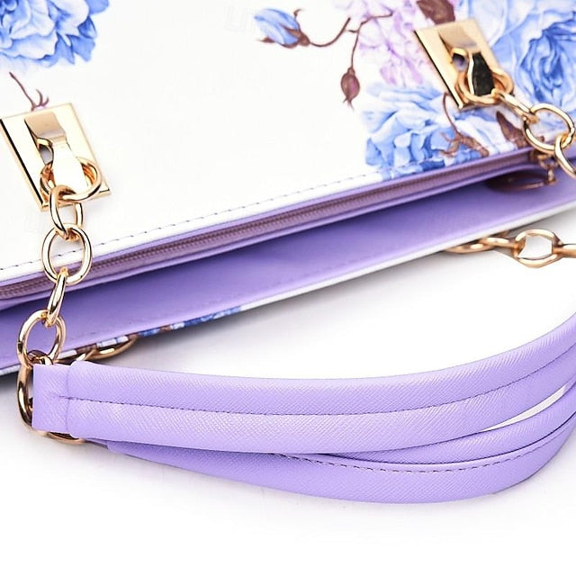 Stylish PU Leather Handbag for Women – Large Capacity Geometric Flower Design Purple Green Wine Purple-Green-Wine-Red-Black-