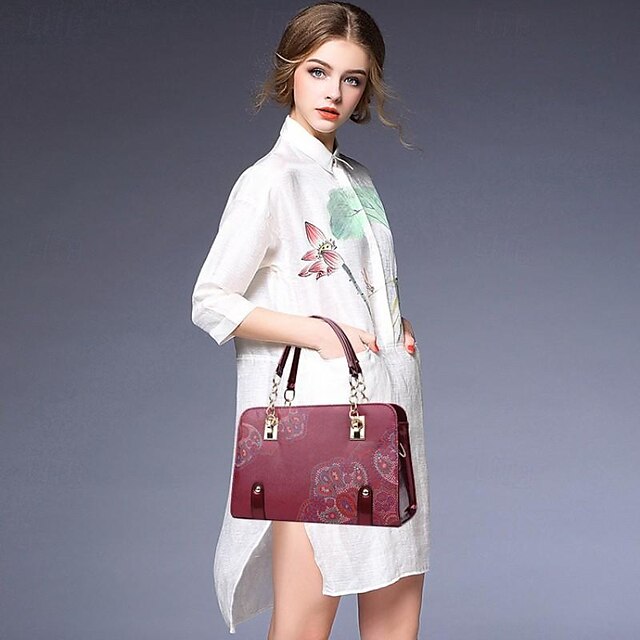 Stylish PU Leather Handbag for Women – Large Capacity Geometric Flower Design Purple Green Wine Purple-Green-Wine-Red-Black-