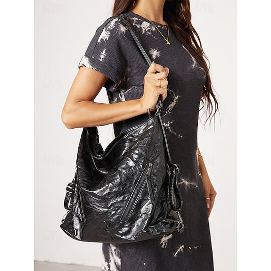 Stylish Multi-Carry PU Leather Tote Hobo Bag – Versatile Large Capacity with Geometric Hardware Black Silver Beige Black-Silver-Beige-