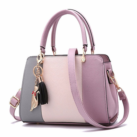 Chic Stitching PU Leather Tote: Fashionable Handbag with Tassels for Everyday Style Light Pink Purple spell Black Light Pink-Purple spell-Black-Gray-Blue-