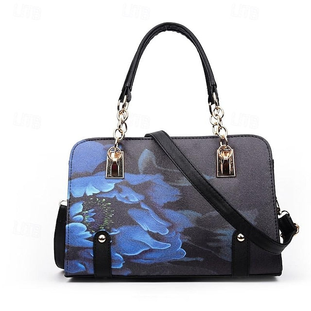 Stylish PU Leather Handbag for Women – Large Capacity Geometric Flower Design Purple Green Wine Purple-Green-Wine-Red-Black-