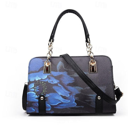 Stylish PU Leather Handbag for Women – Large Capacity Geometric Flower Design Purple Green Wine Purple-Green-Wine-Red-Black-