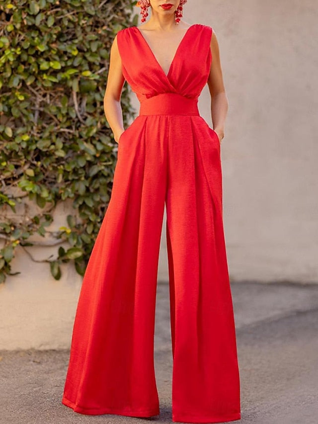 Red Wide-Leg Jumpsuit for Effortless Summer Style - Sleek V-Neck & Pocket Details