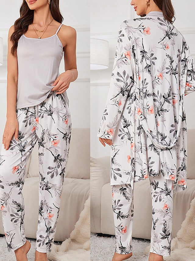 Chic Flower Patchwork Pajama Set: Comfortable Rose Red & Gray Loungewear Gray / S Gray / M 