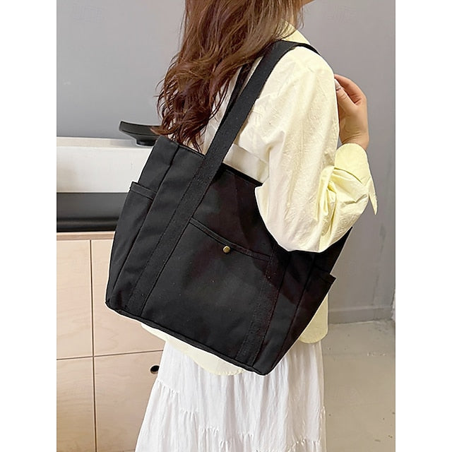 Versatile Women's Canvas Tote Bag - Stylish Large Capacity Shoulder Bag Khaki White Black Khaki-White-Black-