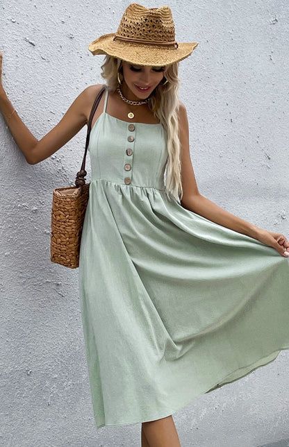 Women's Clothing Slim Fit Solid Color Cotton Linen Dress