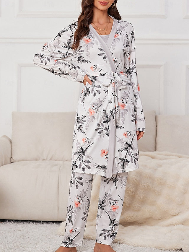 Chic Flower Patchwork Pajama Set: Comfortable Rose Red & Gray Loungewear Gray / S Gray / M 