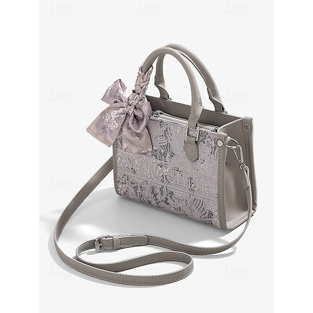 Elegant Women’s PU Leather Crossbody Handbag with Embroidery - Versatile Boston Bag Grey Grey-