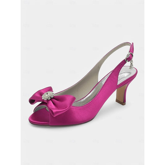 Elegant Rhinestone Bowknot Peep-Toe Bridal Shoes - Satin Kitten Heels for Weddings Light Red