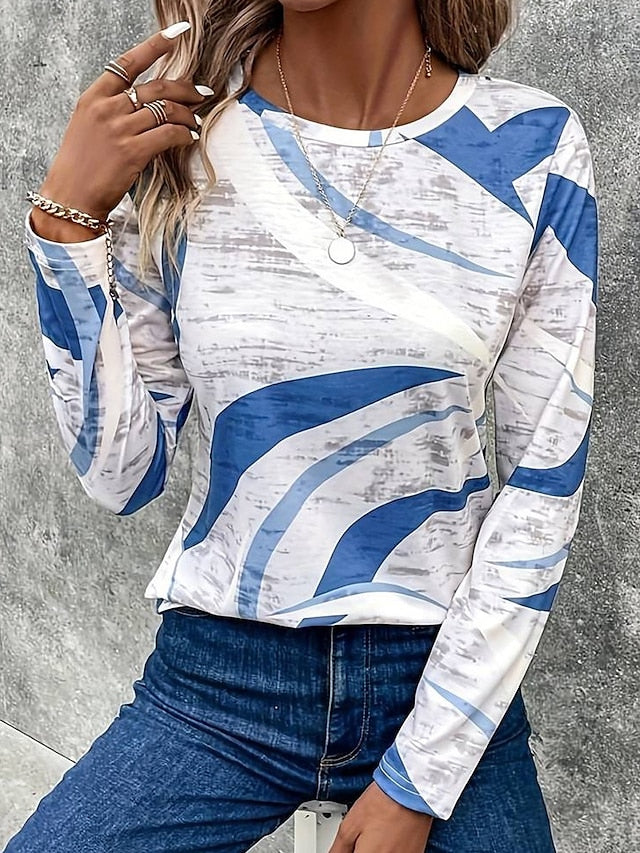 Stylish Women's Long Sleeve Casual T-Shirt with Print - Perfect for Spring Blue / S Blue / M Blue / L Blue / S-Blue / M-Blue / L-Blue / XL-Blue / 2XL-Blue / 3XL-Khaki / S-Khaki / M-Khaki / L-Khaki / XL-Khaki / 2XL-Khaki / 3XL-Purple / S-Purple / M-Purple / L-Purple / XL-Purple / 2XL-Purple / 3XL-