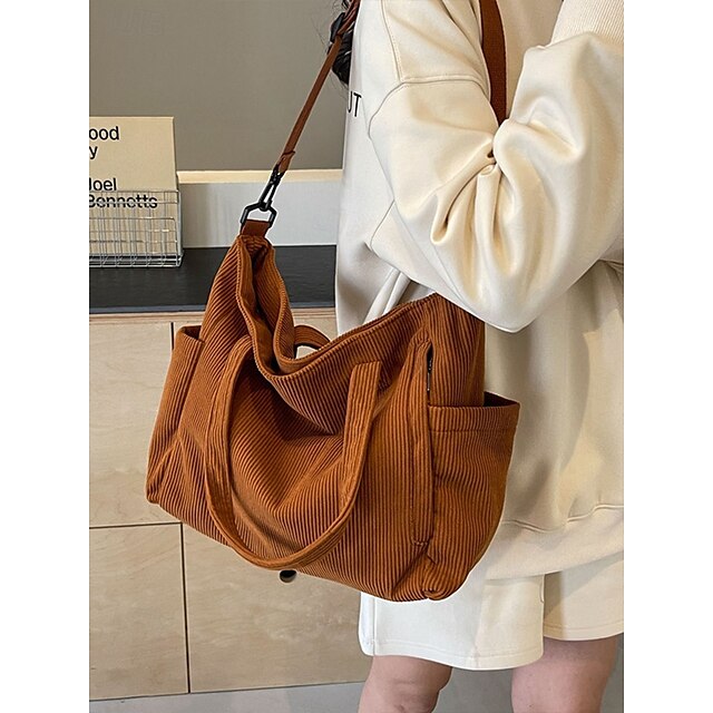 Stylish Women’s Corduroy Crossbody Hobo Bag with Multiple Pockets and Large Brown White Black Brown-White-Black-Green-