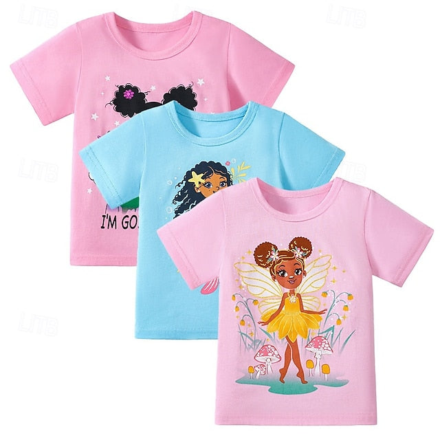 Colorful Comfort: 3-Piece Girls' Crew Neck Cotton Tee Set in Rose Red, Blue & Pink Rose Red+Blue+Pink / 4 Years(110cm) Rose Red+Blue+Pink / 4-5 Years(120cm) Rose Red+Blue+Pink / 5-6 Years(130cm) Rose Red+Blue+Pink / 4 Years(110cm)-Rose Red+Blue+Pink / 4-5 Years(120cm)-Rose Red+Blue+Pink / 5-6 Years(130cm)-Rose Red+Blue+Pink / 7-8 Years(140cm)-
