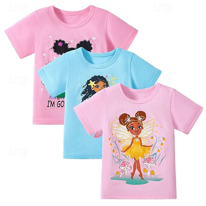 Colorful Comfort: 3-Piece Girls' Crew Neck Cotton Tee Set in Rose Red, Blue & Pink Rose Red+Blue+Pink / 4 Years(110cm) Rose Red+Blue+Pink / 4-5 Years(120cm) Rose Red+Blue+Pink / 5-6 Years(130cm) Rose Red+Blue+Pink / 4 Years(110cm)-Rose Red+Blue+Pink / 4-5 Years(120cm)-Rose Red+Blue+Pink / 5-6 Years(130cm)-Rose Red+Blue+Pink / 7-8 Years(140cm)-