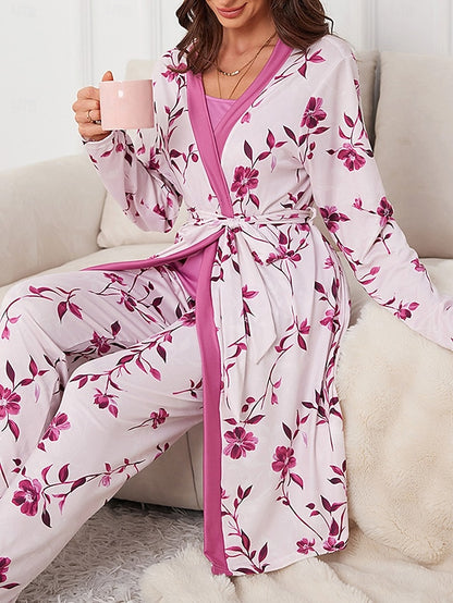Chic Flower Patchwork Pajama Set: Comfortable Rose Red & Gray Loungewear Gray / S Gray / M 
