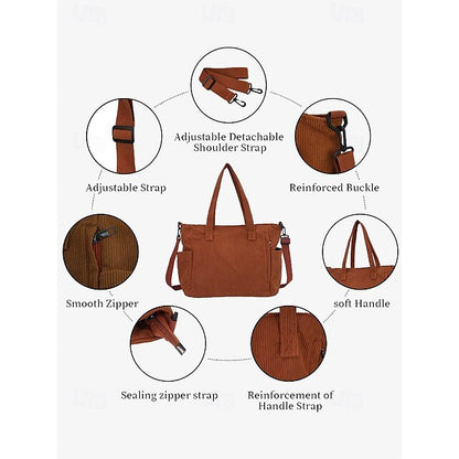 Stylish Women’s Corduroy Crossbody Hobo Bag with Multiple Pockets and Large Brown White Black Brown-White-Black-Green-