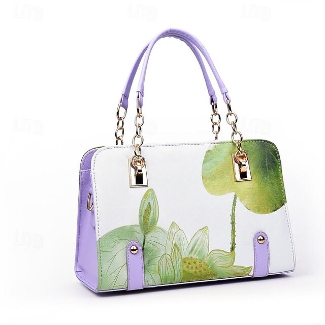 Stylish PU Leather Handbag for Women – Large Capacity Geometric Flower Design Purple Green Wine Purple-Green-Wine-Red-Black-