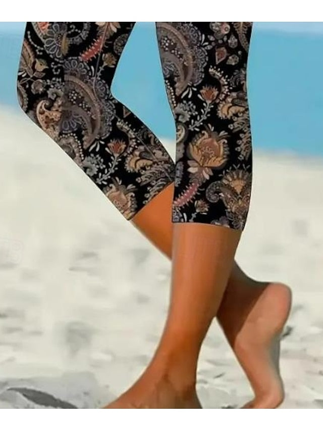 Hawaiian Floral Print Women's Thermal Leggings - Casual Ankle-Length, Soft and Breathable Black Grey / S Black Grey / M Black Grey / L Black Grey / S-Black Grey / M-Black Grey / L-Black Grey / XL-Black Grey / 2XL-