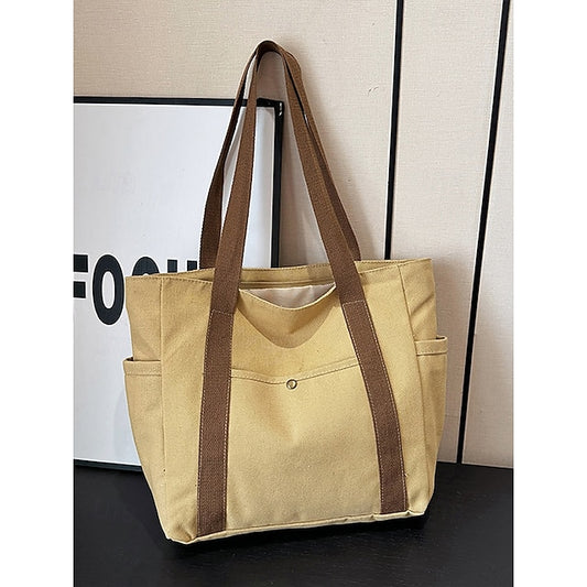 Versatile Women's Canvas Tote Bag - Stylish Large Capacity Shoulder Bag Khaki White Black Khaki-White-Black-
