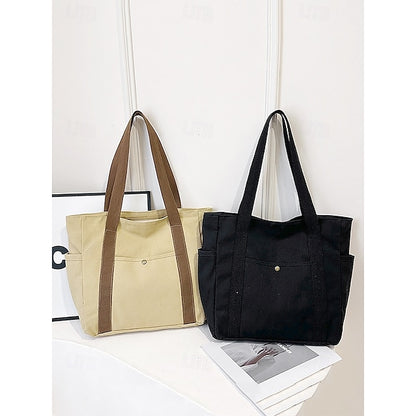 Versatile Women's Canvas Tote Bag - Stylish Large Capacity Shoulder Bag Khaki White Black Khaki-White-Black-