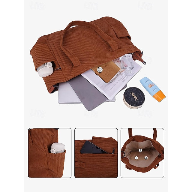 Stylish Women’s Corduroy Crossbody Hobo Bag with Multiple Pockets and Large Brown White Black Brown-White-Black-Green-