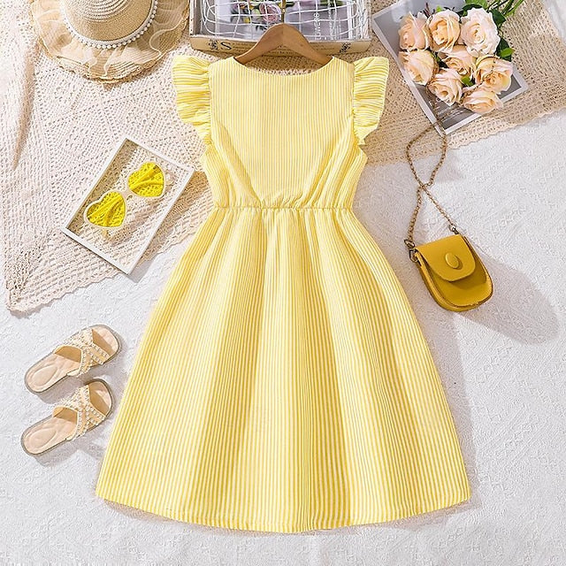 Enchanting 3D Striped Ruffle Dress for Girls – Sweet Summer A-Line Dress for Ages 4-12