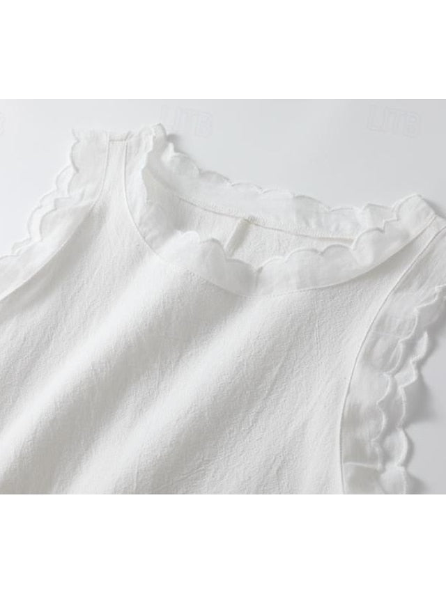 Elegant Sleeveless White Floral Lace Dress with Ruffle Trim for Summer White / S White / M White / L White / S-White / M-White / L-White / XL-White / 2XL-White / 3XL-