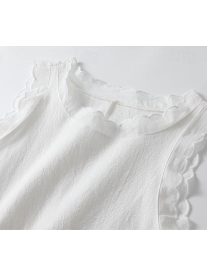 Elegant Sleeveless White Floral Lace Dress with Ruffle Trim for Summer White / S White / M White / L White / S-White / M-White / L-White / XL-White / 2XL-White / 3XL-