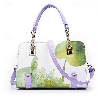 Stylish PU Leather Handbag for Women – Large Capacity Geometric Flower Design Purple Green Wine Purple-Green-Wine-Red-Black-