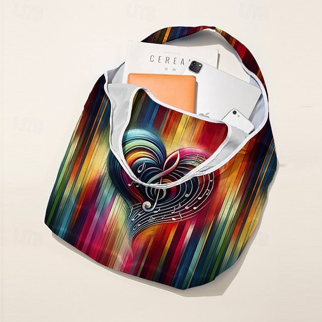 Vibrant Heart Note Tote Bag: Lightweight, Foldable & Stylish for Everyday Use Rainbow Purple Green Rainbow-Purple-Green-