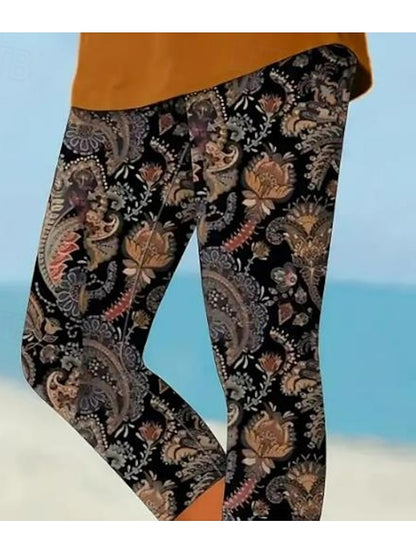 Hawaiian Floral Print Women's Thermal Leggings - Casual Ankle-Length, Soft and Breathable Black Grey / S Black Grey / M Black Grey / L Black Grey / S-Black Grey / M-Black Grey / L-Black Grey / XL-Black Grey / 2XL-